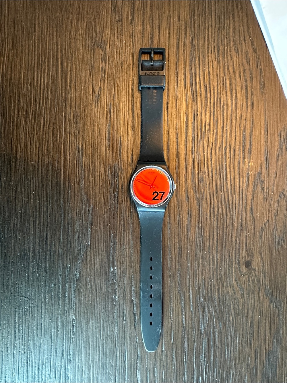 Swatch Black watch with red/Orange Dial with new battery